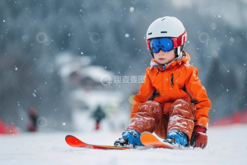 高清大图下载【趣麦麦图】雪地里滑雪的儿童