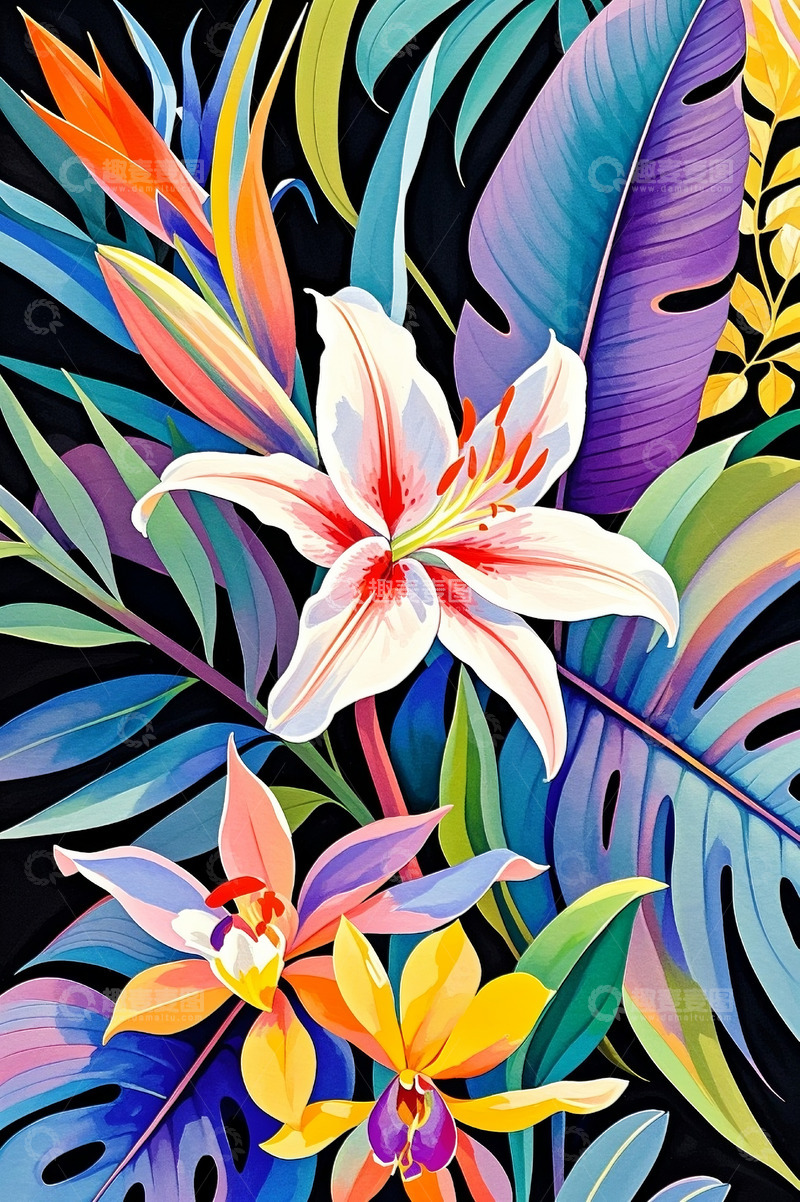 高清大图下载【趣麦麦图】水彩花卉叶子图案