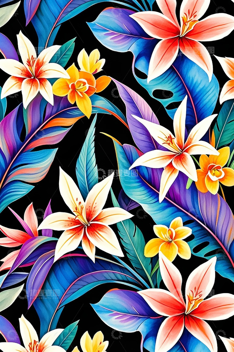 高清大图下载【趣麦麦图】水彩花卉叶子图案