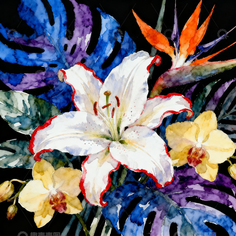 高清大图下载【趣麦麦图】水彩花卉叶子图案