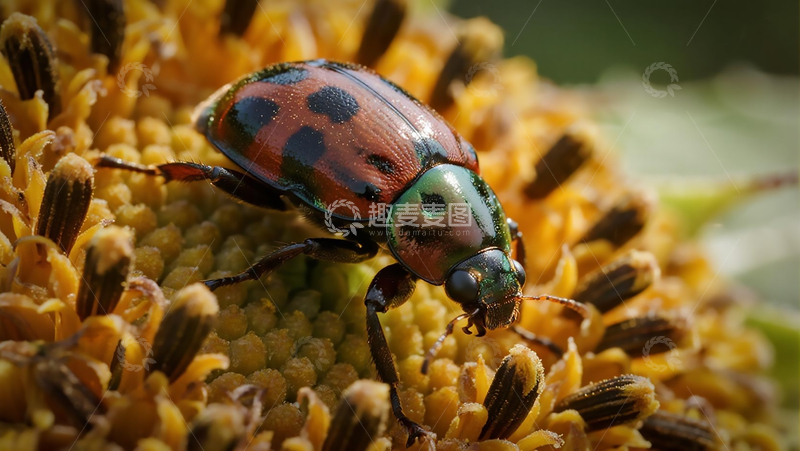 高清大图下载【趣麦麦图】生物百科昆虫之向日葵花盘上的金龟子