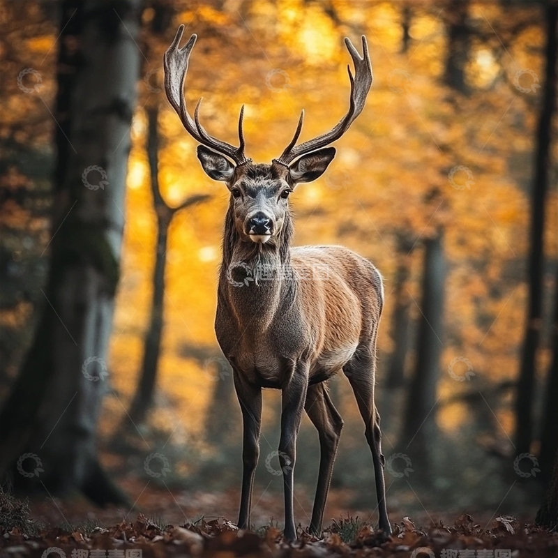 高清大图下载【趣麦麦图】秋日森林中的雄伟鹿