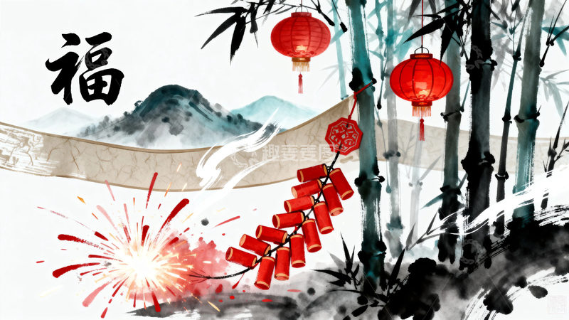 高清大图下载【趣麦麦图】水墨风国潮国风竹子节日背景2