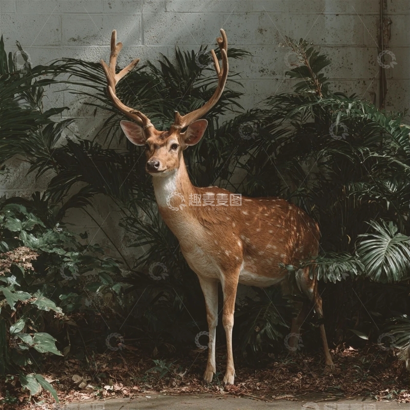 绿植前的梅花鹿