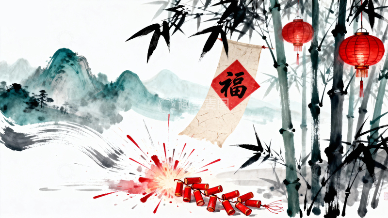 高清大图下载【趣麦麦图】水墨风国潮国风竹子节日背景5