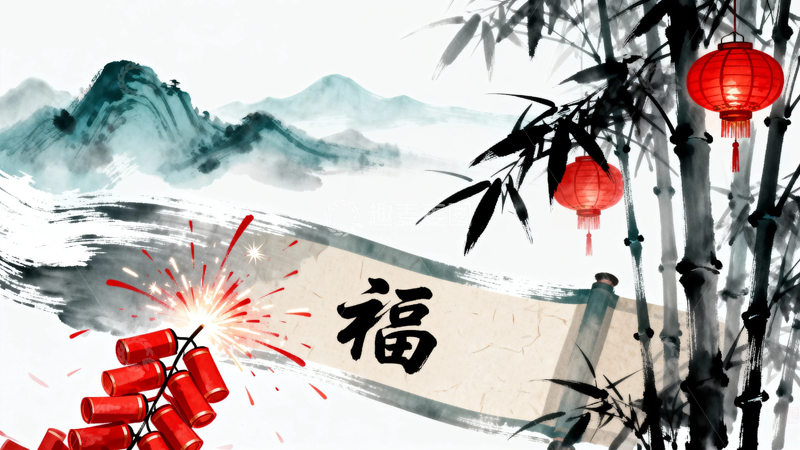 高清大图下载【趣麦麦图】水墨风国潮国风竹子节日背景19