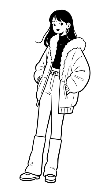 黑白线稿人物插画女生