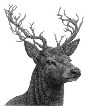 黑白素描：孤独的鹿与错综复杂的角