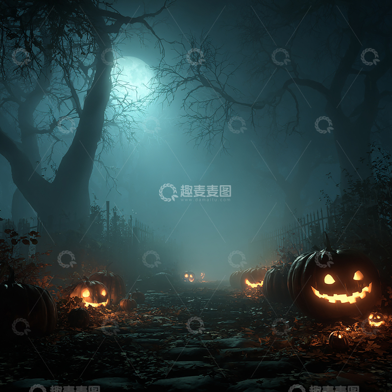 高清大图下载【趣麦麦图】幽灵南瓜的月夜森林