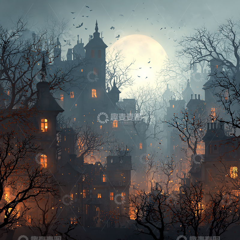 高清大图下载【趣麦麦图】幽暗月夜下的古老城堡