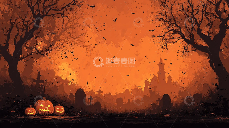 高清大图下载【趣麦麦图】恐怖南瓜灯夜晚墓地