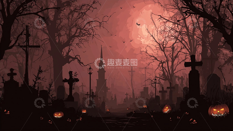 高清大图下载【趣麦麦图】阴森恐怖的墓地夜景