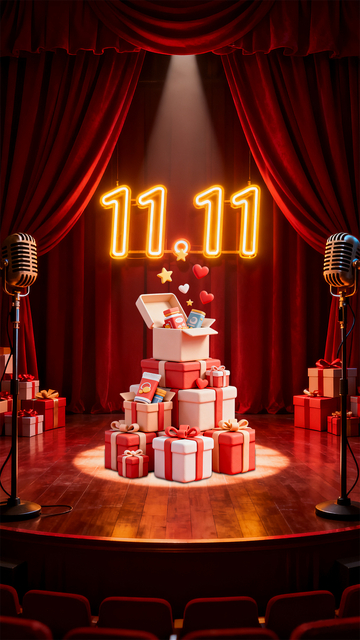 暗红色霓虹灯双11舞台礼盒促销海报
