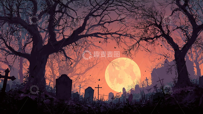 高清大图下载【趣麦麦图】寂静墓地的月夜景象