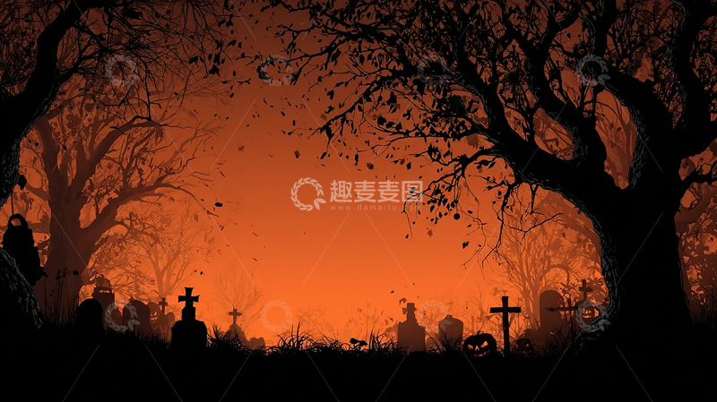 高清大图下载【趣麦麦图】阴森恐怖的墓地黄昏景象