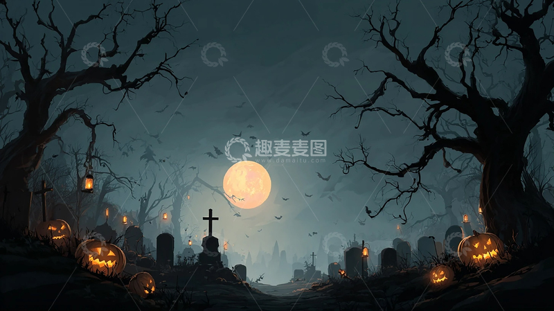 高清大图下载【趣麦麦图】阴森恐怖的万圣节墓地夜景