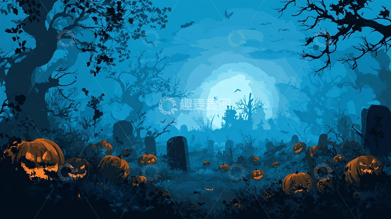 高清大图下载【趣麦麦图】幽灵南瓜的阴森墓地夜晚