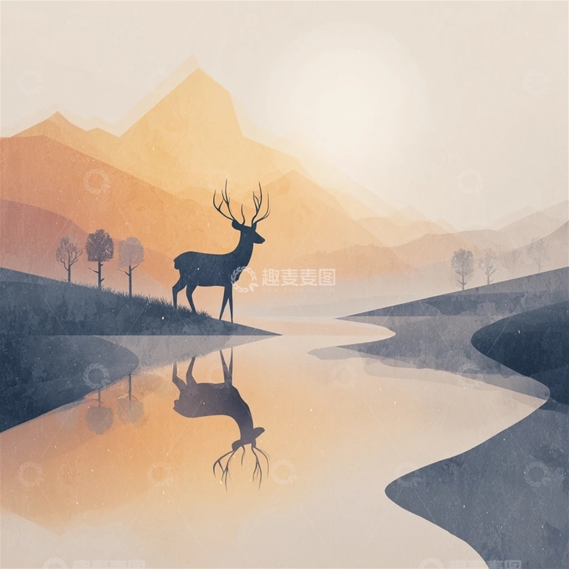 高清大图下载【趣麦麦图】宁静的湖畔鹿影