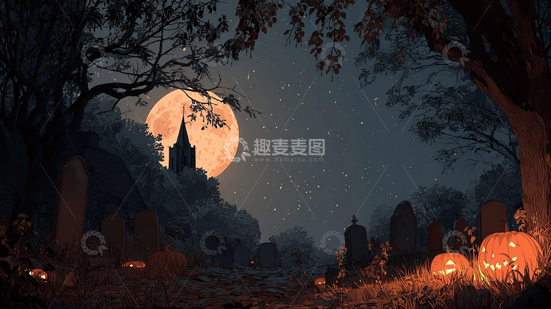 高清大图下载【趣麦麦图】阴森墓地的万圣节夜晚