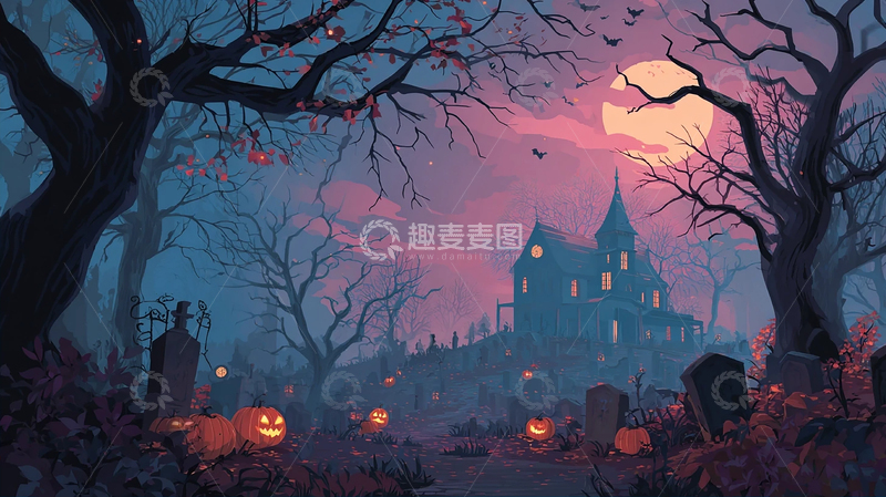 高清大图下载【趣麦麦图】阴森鬼屋万圣节夜景