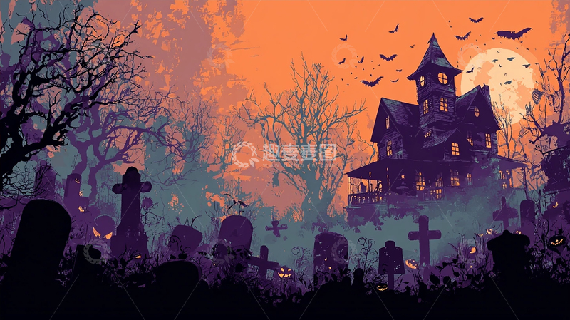 高清大图下载【趣麦麦图】阴森恐怖的鬼屋庄园夜景