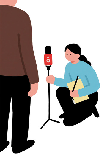 记者蹲身采访记者节素材