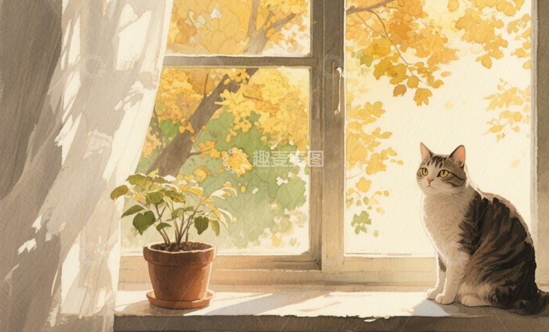 高清大图下载【趣麦麦图】水彩水墨秋日氛围猫咪书架植物窗户小景05