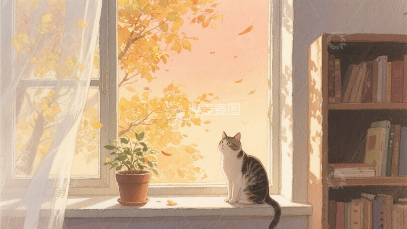 高清大图下载【趣麦麦图】水彩水墨秋日氛围猫咪书架植物窗户小景02