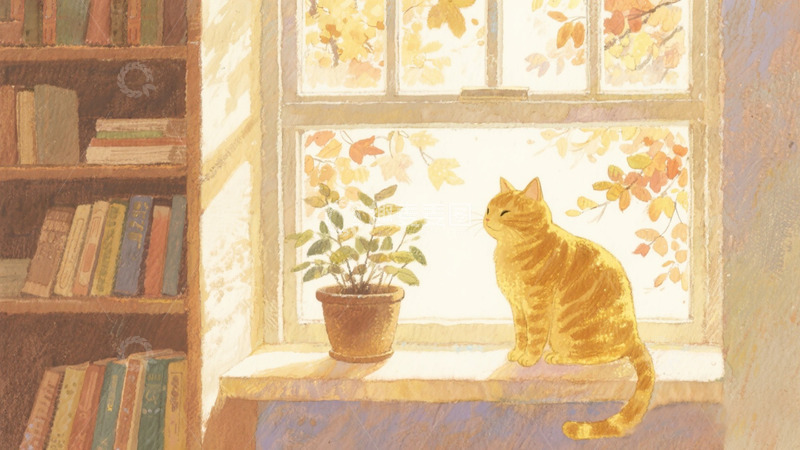 高清大图下载【趣麦麦图】水彩水墨秋日氛围猫咪书架植物窗户小景04