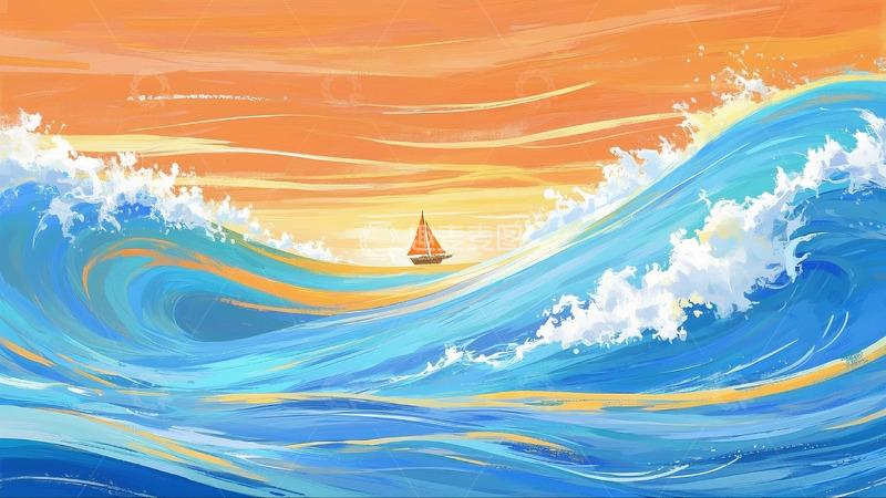 高清大图下载【趣麦麦图】帆船乘风破浪插画