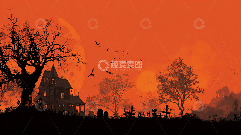 高清大图下载【趣麦麦图】橘色月光下的阴森古宅