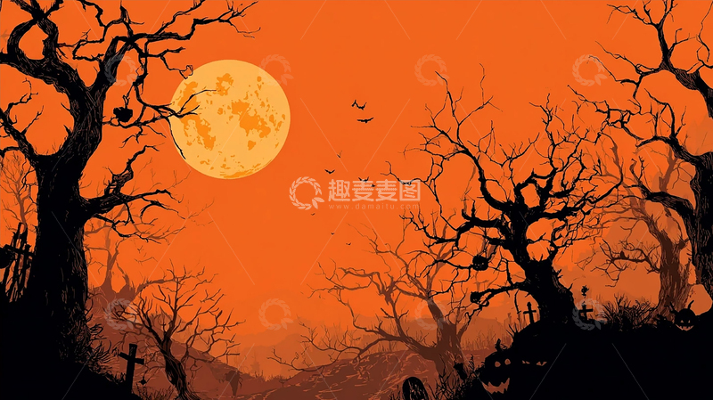 高清大图下载【趣麦麦图】满月映照的枯树墓地