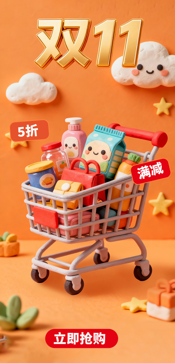 橙色粘土购物车卡通萌趣可爱双十一海报