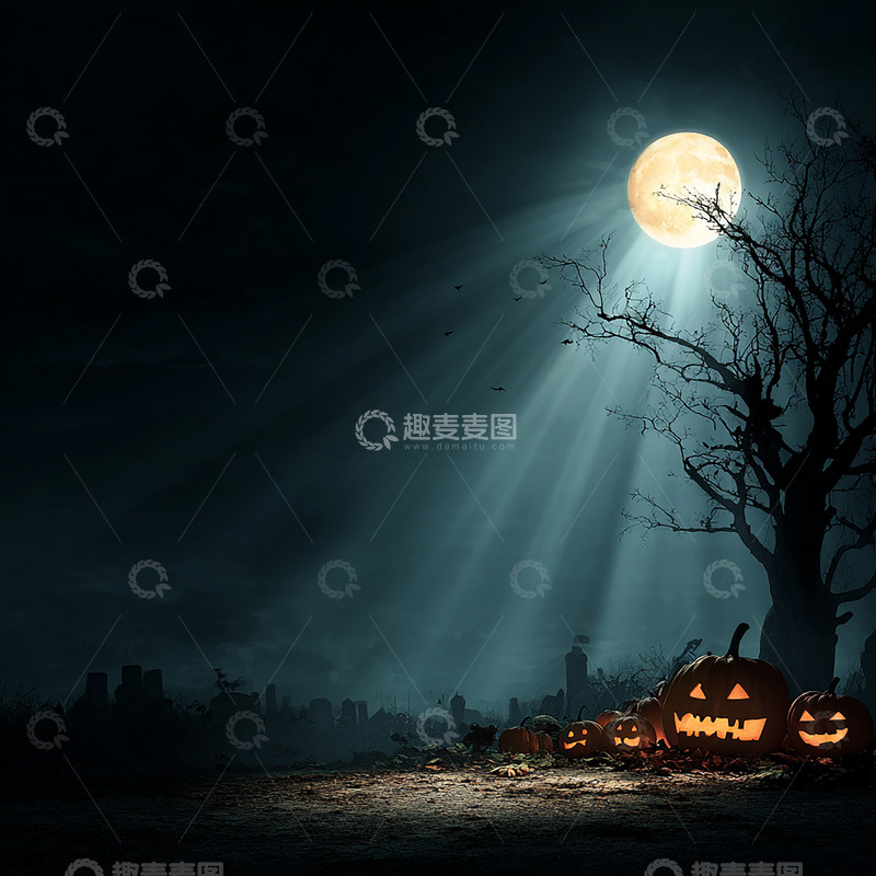 高清大图下载【趣麦麦图】阴森墓地的万圣节夜晚