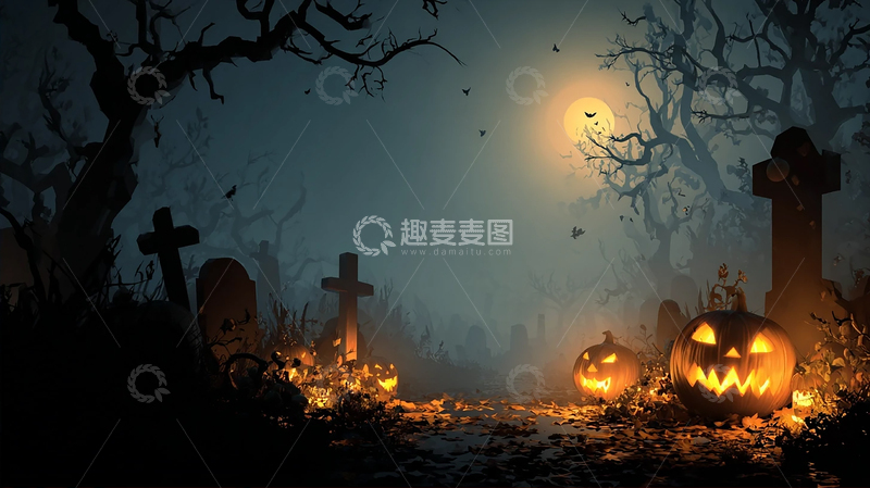 高清大图下载【趣麦麦图】阴森墓地中的南瓜灯光