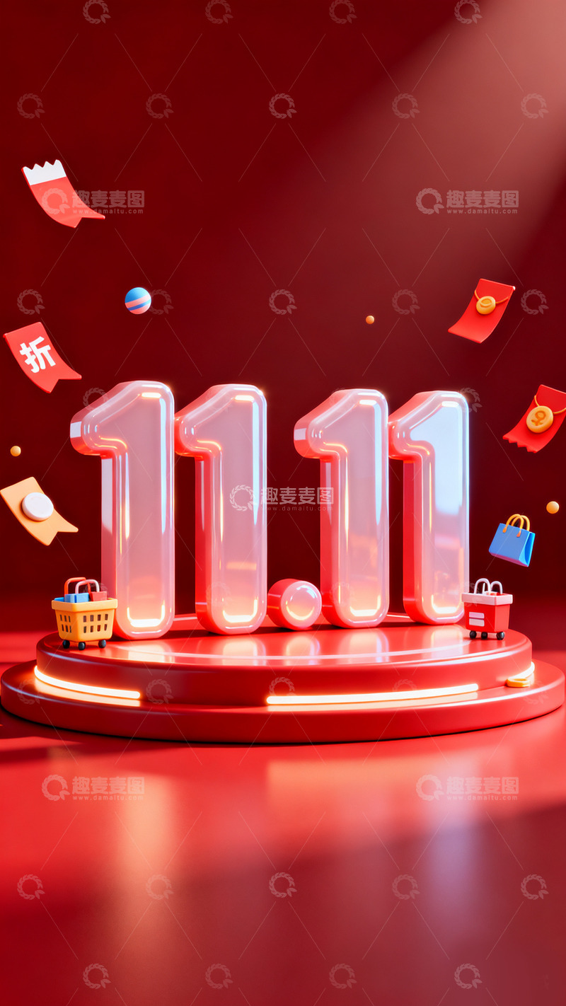 高清大图下载【趣麦麦图】红色展台卡通数字红包打折简约双11海报