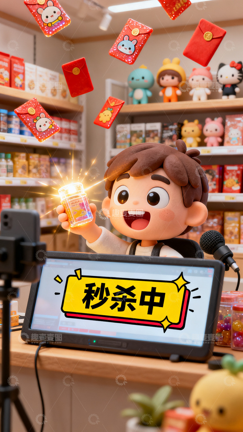 高清大图下载【趣麦麦图】浅色3D卡通人物直播间秒杀可爱电商海报