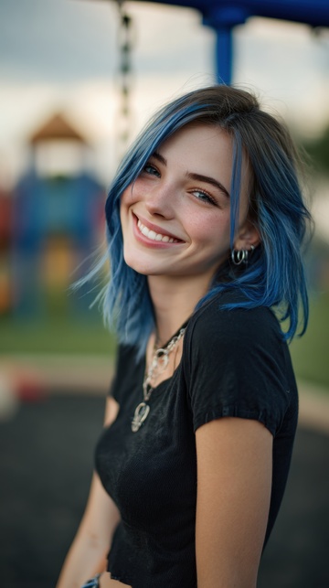 开心的蓝发美少女