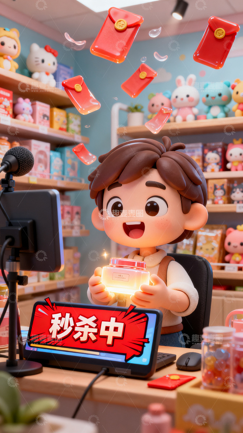 高清大图下载【趣麦麦图】浅色3D卡通人物直播间秒杀可爱电商海报