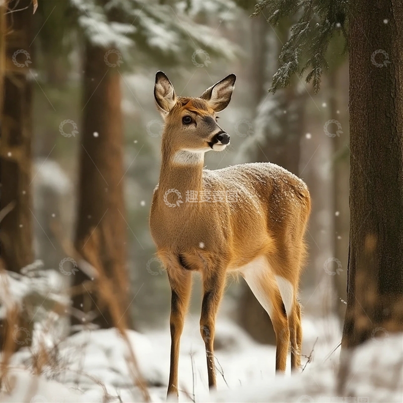 高清大图下载【趣麦麦图】冬日森林中的优雅鹿影