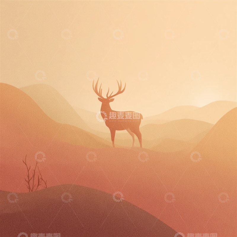 高清大图下载【趣麦麦图】宁静的日落下孤独的麋鹿
