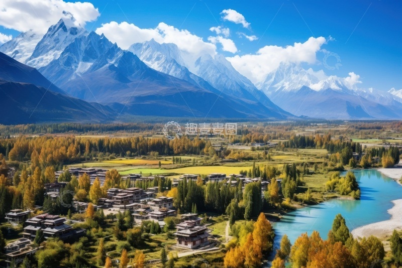 高清大图下载【趣麦麦图】峡谷大平原里的树木建筑美景