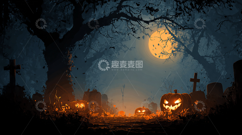 高清大图下载【趣麦麦图】阴森墓地的南瓜灯之夜