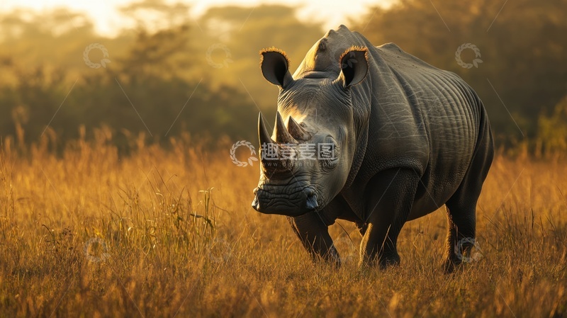 高清大图下载【趣麦麦图】荒草地里行走的一头犀牛