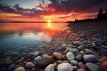 湖泊夕阳鹅卵石美景