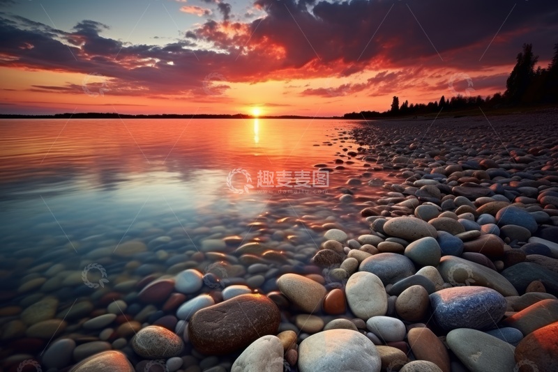 高清大图下载【趣麦麦图】湖泊夕阳鹅卵石美景