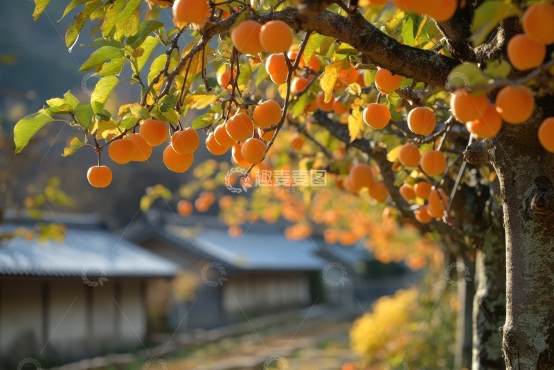 高清大图下载【趣麦麦图】户外村寨里生长的柿子树