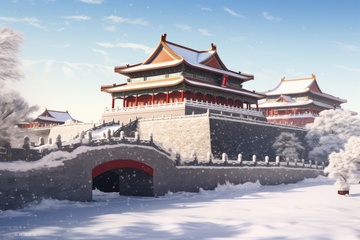 冬季积雪覆盖的古代宫殿