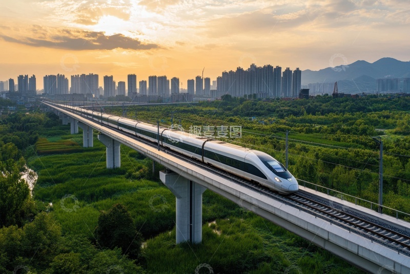 高清大图下载【趣麦麦图】高架桥上行驶的列车高铁
