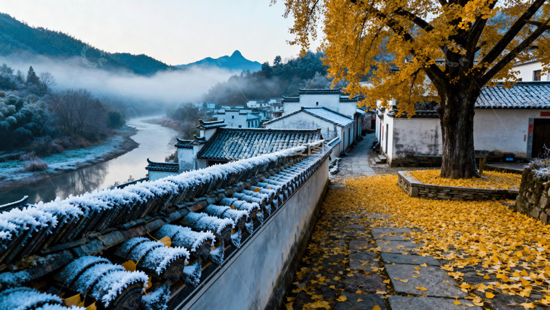 高清大图下载【趣麦麦图】中国风银杏树古村落雪景道路商业照片